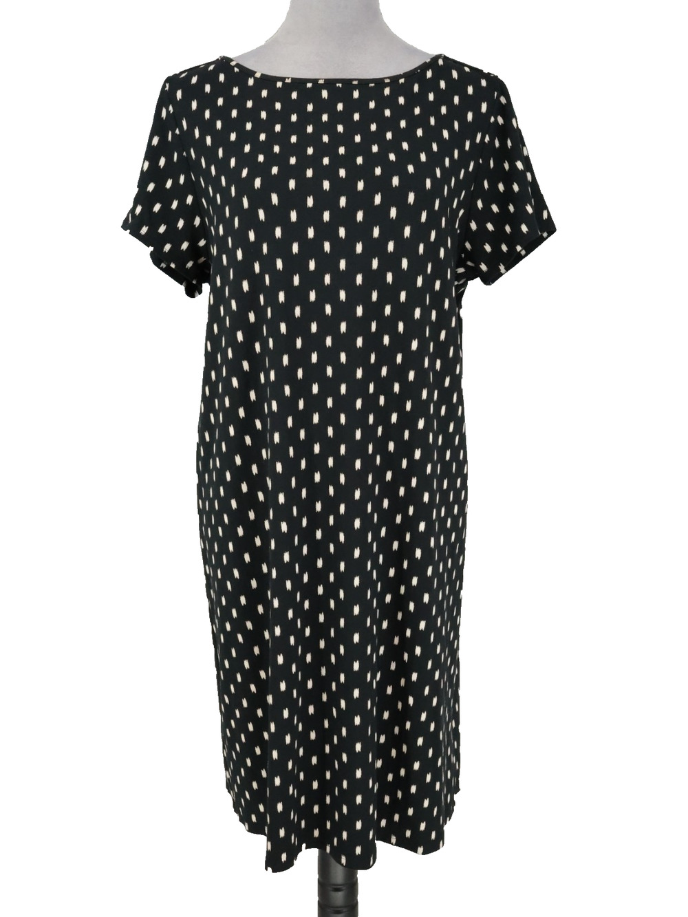 J Jill Wearever Dress Womens Large Black Ivory Stretch Knit Back Pleat Shift